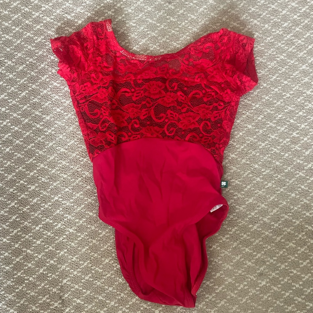 luckyleo red lace backless leotard